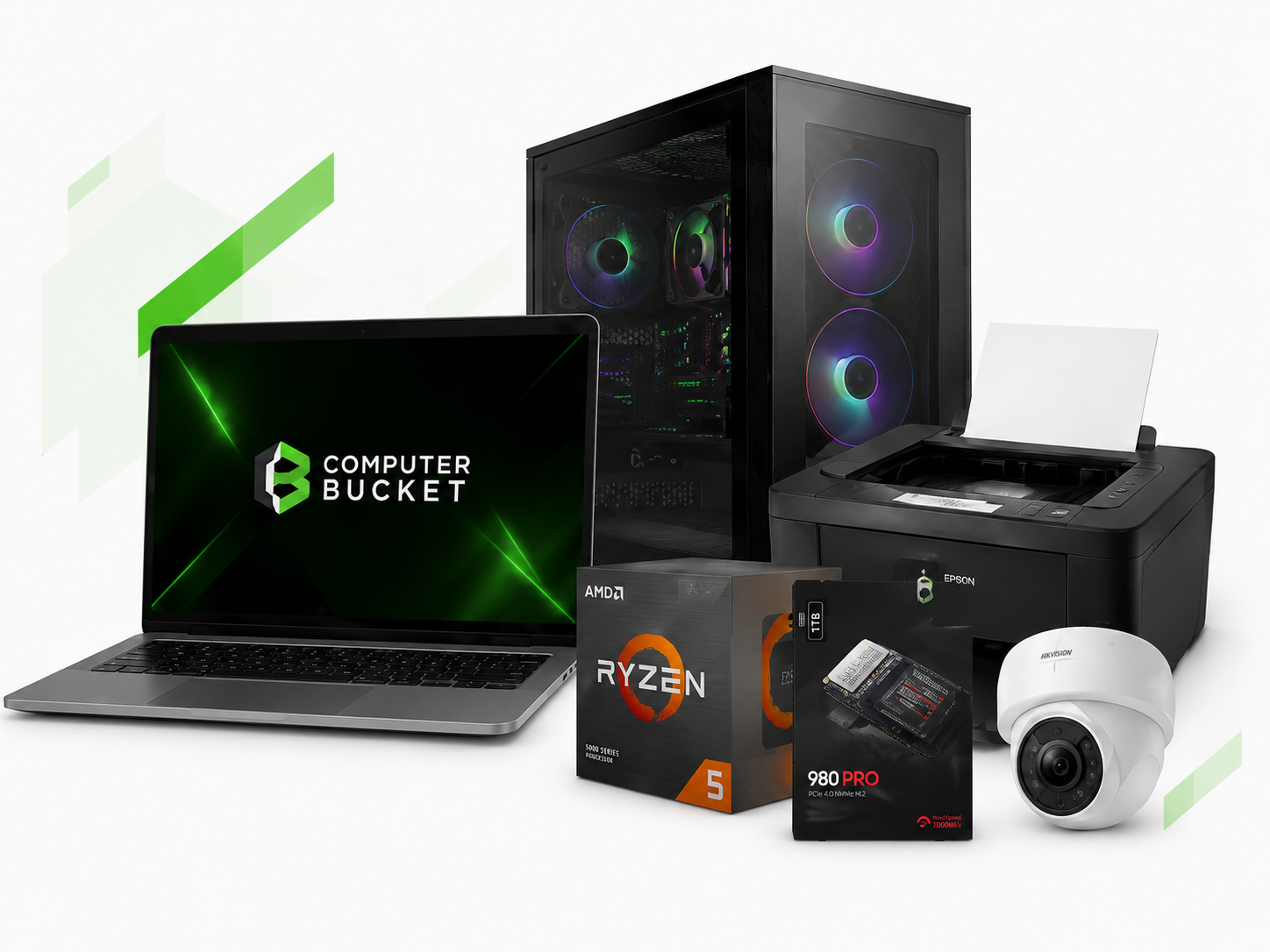 Computer Bucket laptops, PC build, printer, components, and CCTV camera